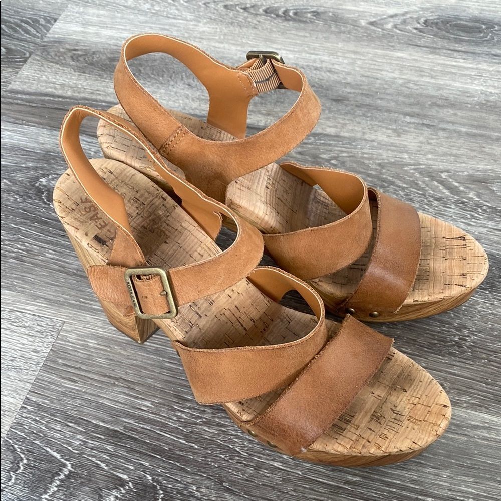 Kork-Ease Tan Leather Platform Sandals Sz 10 Straps Boho Coastal Beach Vacation - Picture 3 of 12